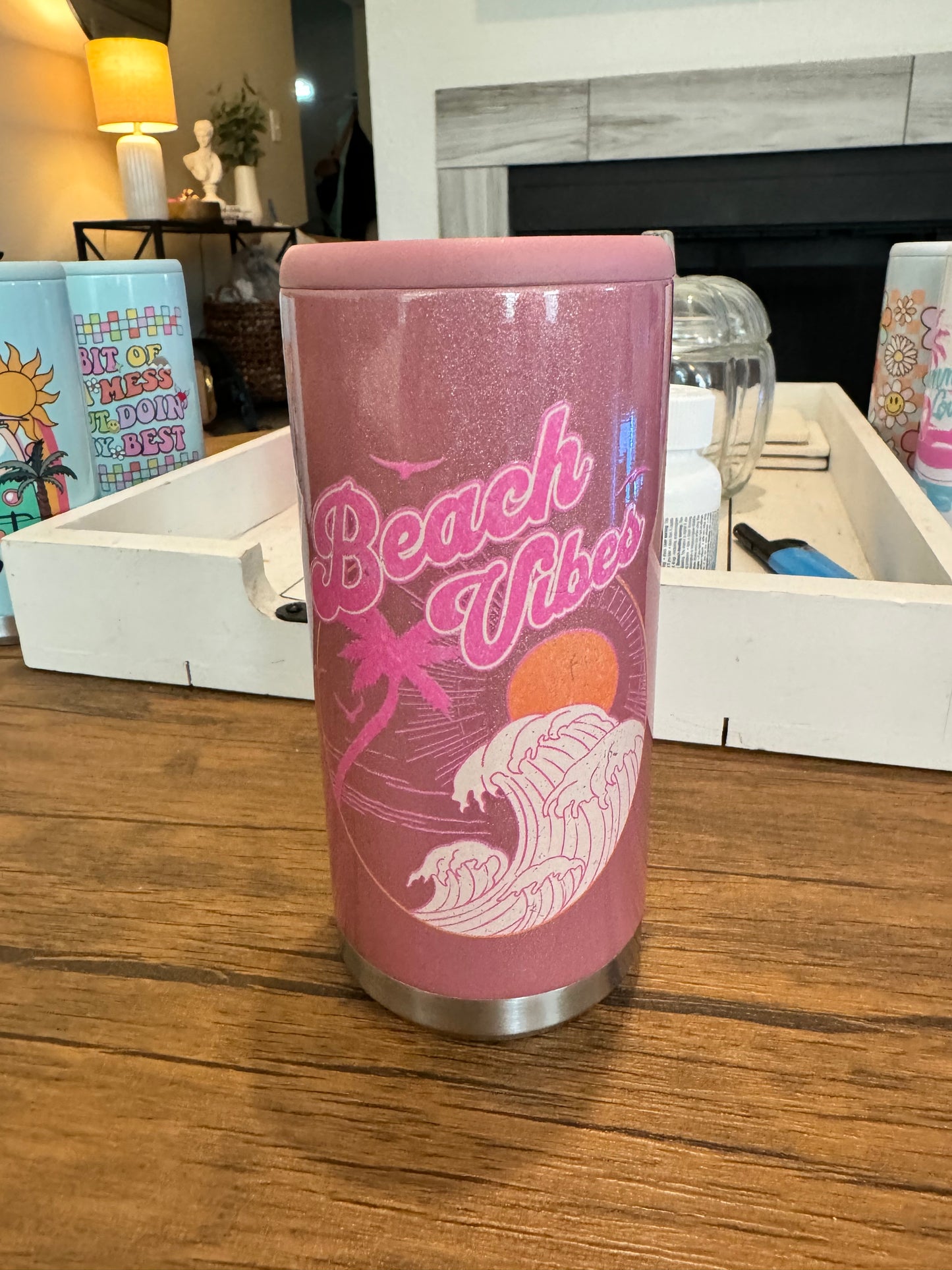 Beach Vibes Pink Skinny Koozie