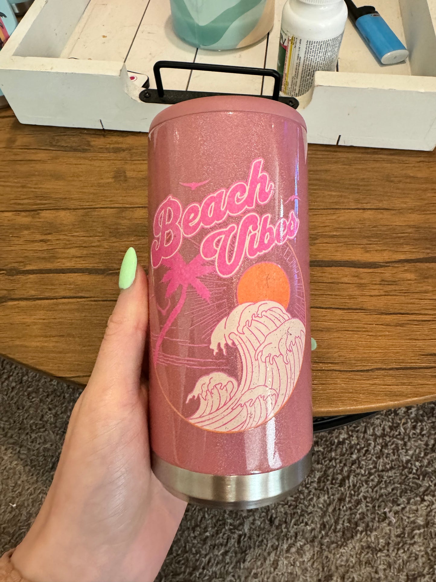 Beach Vibes Pink Skinny Koozie