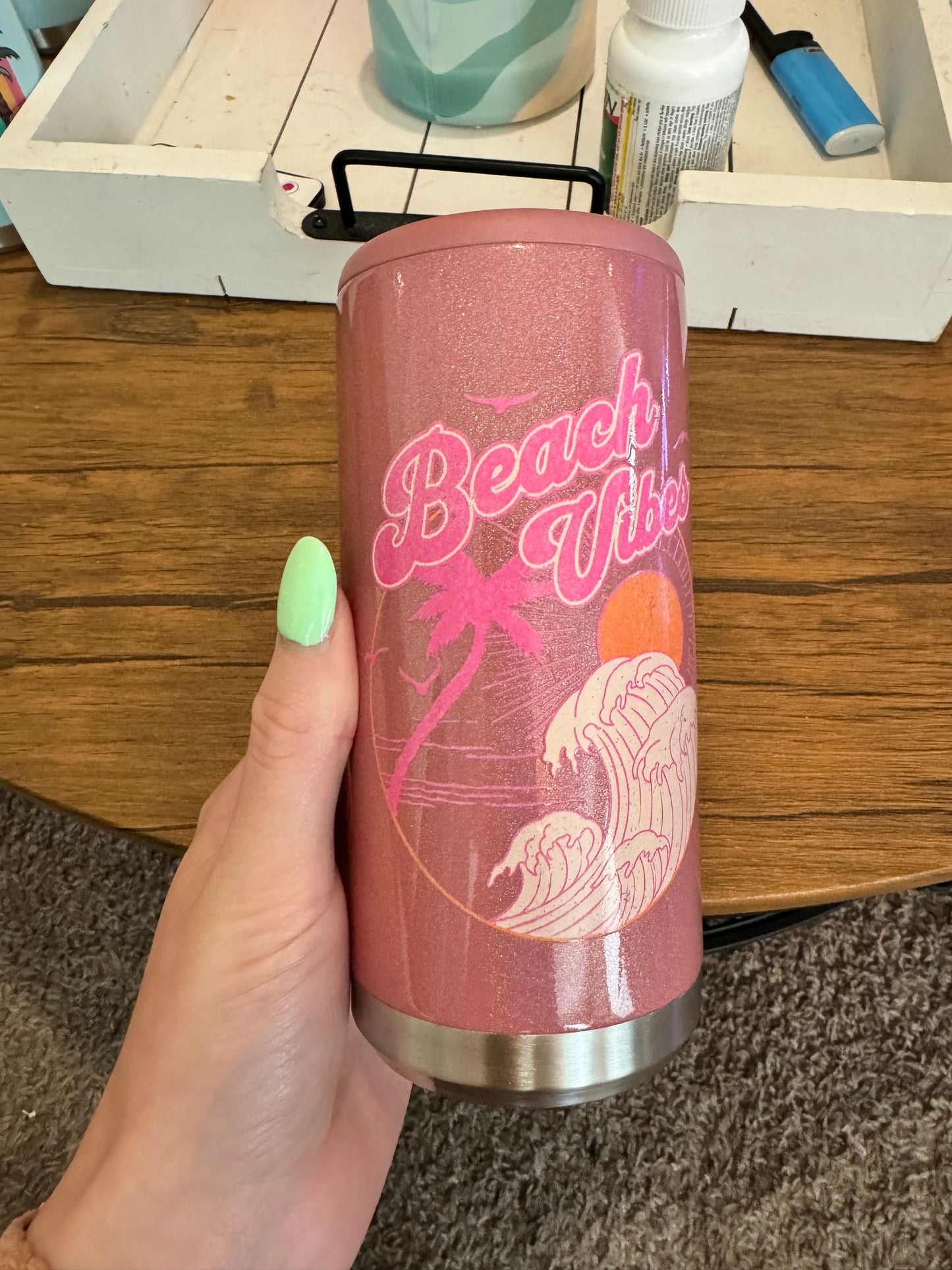 Beach Vibes Pink Skinny Koozie