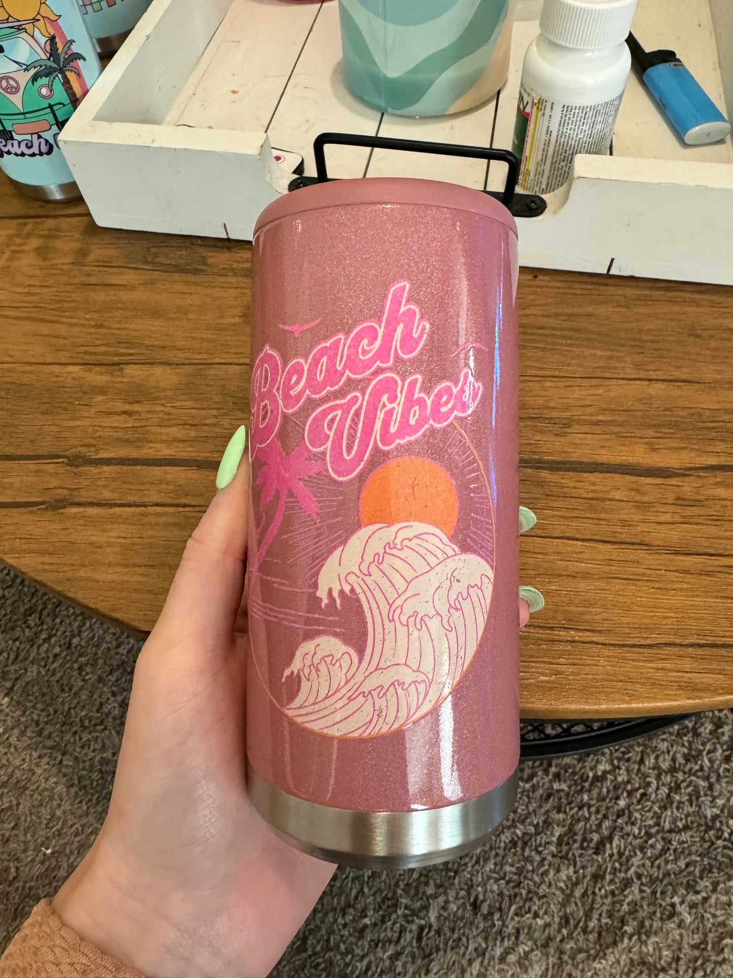 Beach Vibes Pink Skinny Koozie