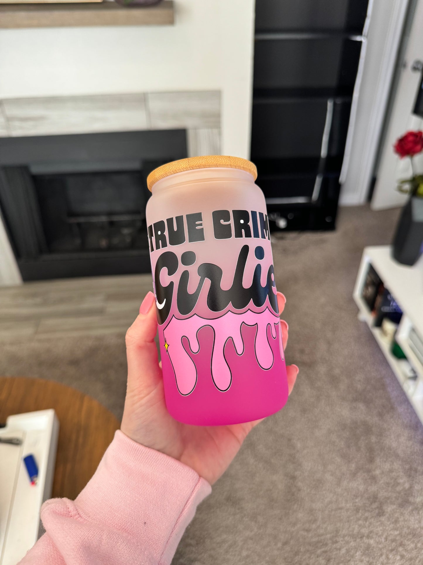 True Crime Girlie Pink Ombre 16 oz can glass